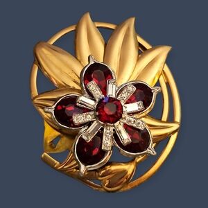 Antique 1930s Red Floral Dress Clip Brooch